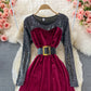Golden velvet waist closing thin Sequin stitching Crew Neck Dress  3246