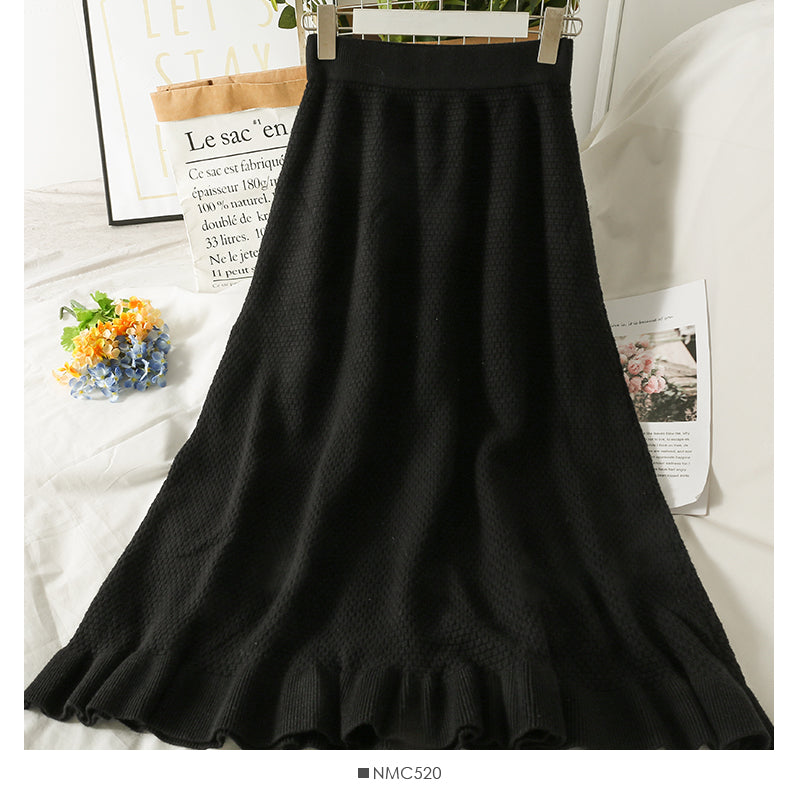 Slim Plaid Knit Skirt, versatile Ruffle A-line skirt  2608