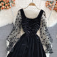 Celebrity temperament black square neck velvet dress  3366
