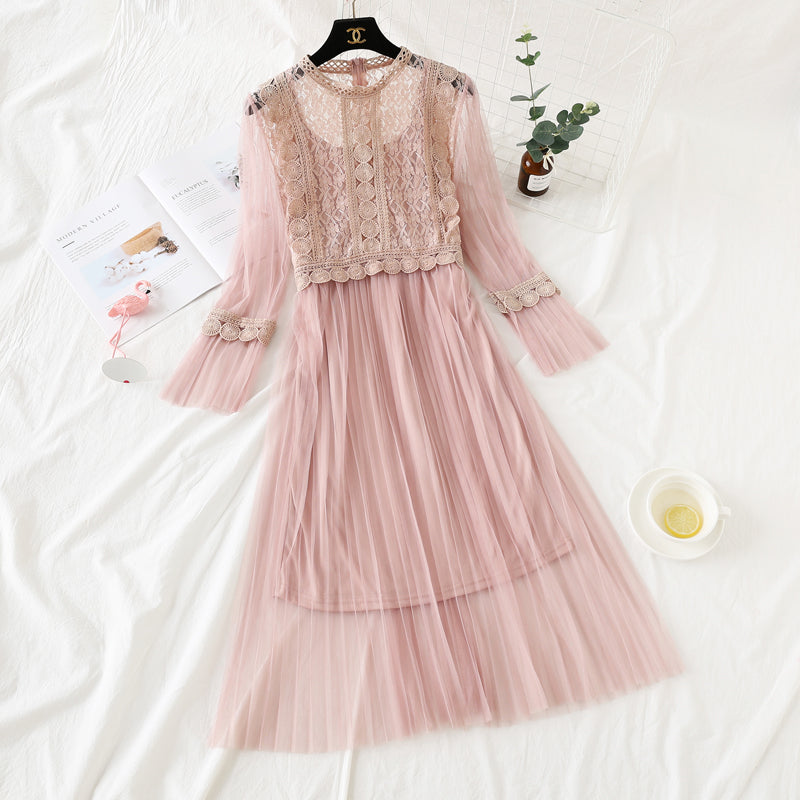 Lace stitched mesh dress women's super fairy suspender skirt two-piece set  2449