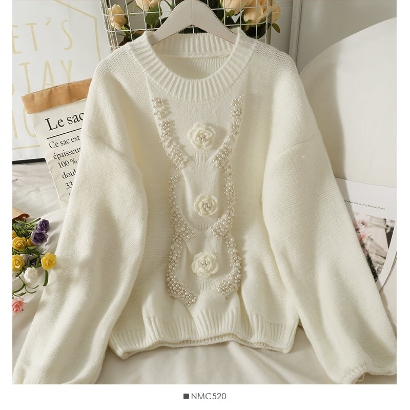 Han Fan nail bead three-dimensional flower round neck bubble sleeve T-shirt  1944