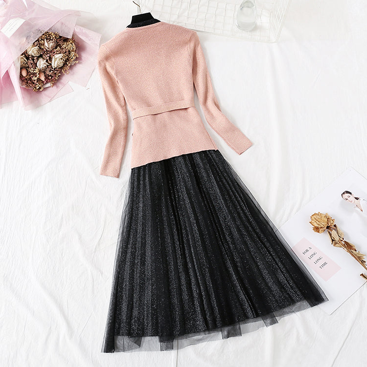 New long sleeve top pleated yarn skirt  2356
