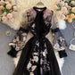 Unique A line embroidery dress black dress  1308