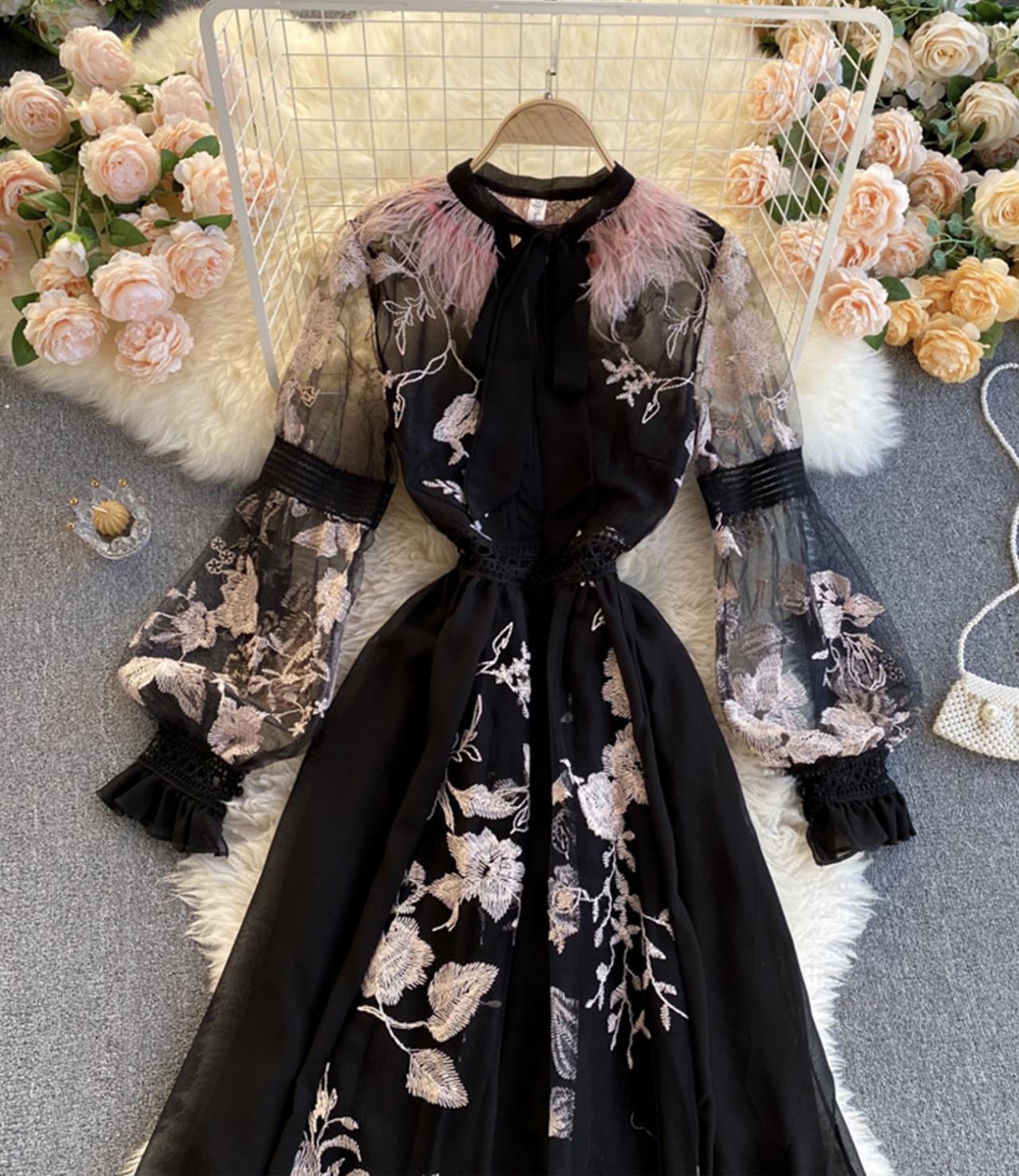 Unique A line embroidery dress black dress  1308