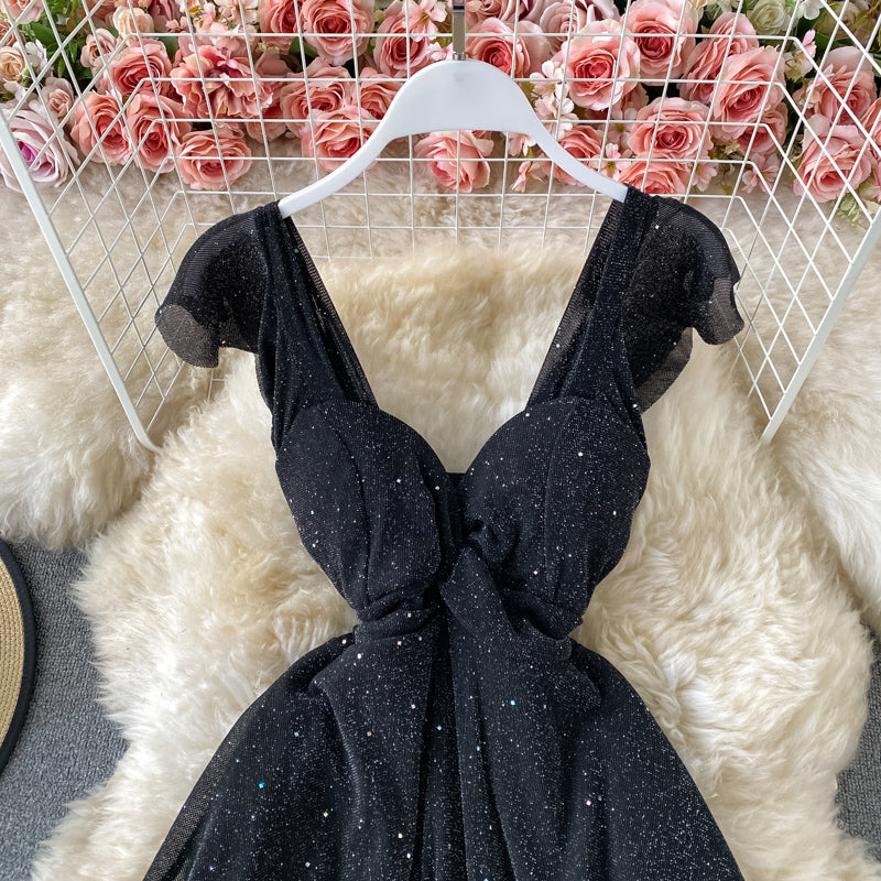 Sexy slim Sequin low cut V-neck A-line dress  2769