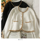 Korean version bright silk bonded pearl single breasted long sleeved sweater  1859