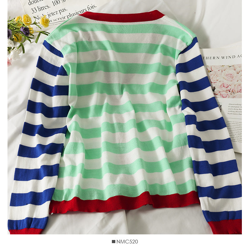 Contrast stitched striped single breasted V-neck T-shirt women's  2029