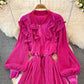 Bubble sleeve waist closing thin Ruffle Pleated Dress  3386