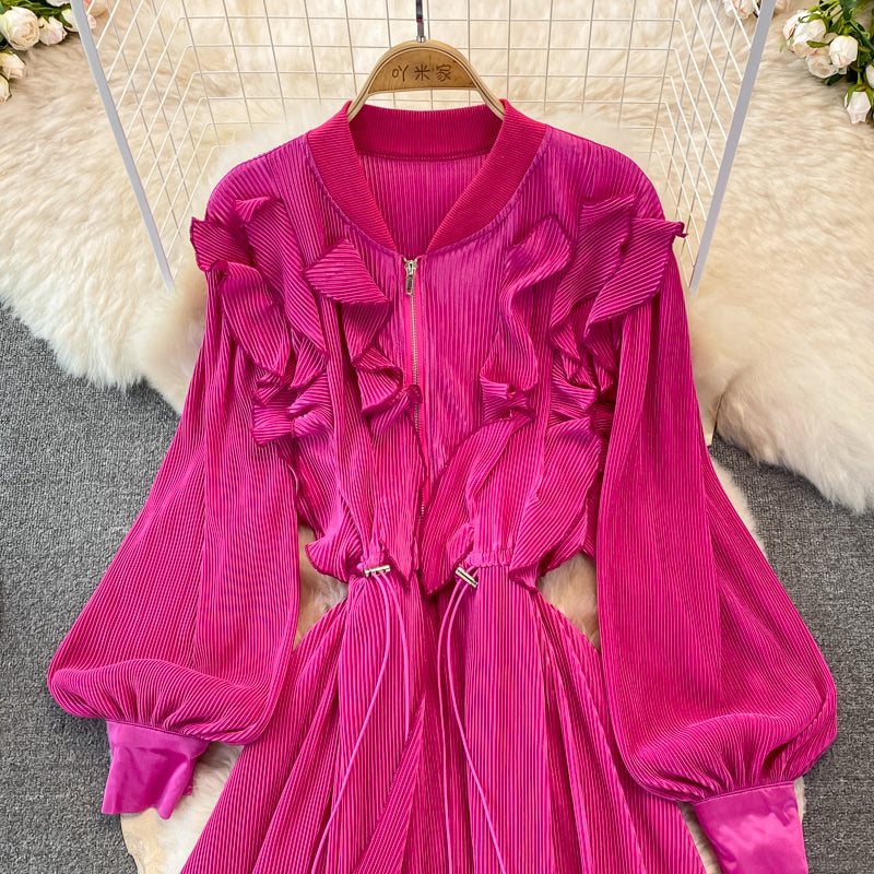 Bubble sleeve waist closing thin Ruffle Pleated Dress  3386