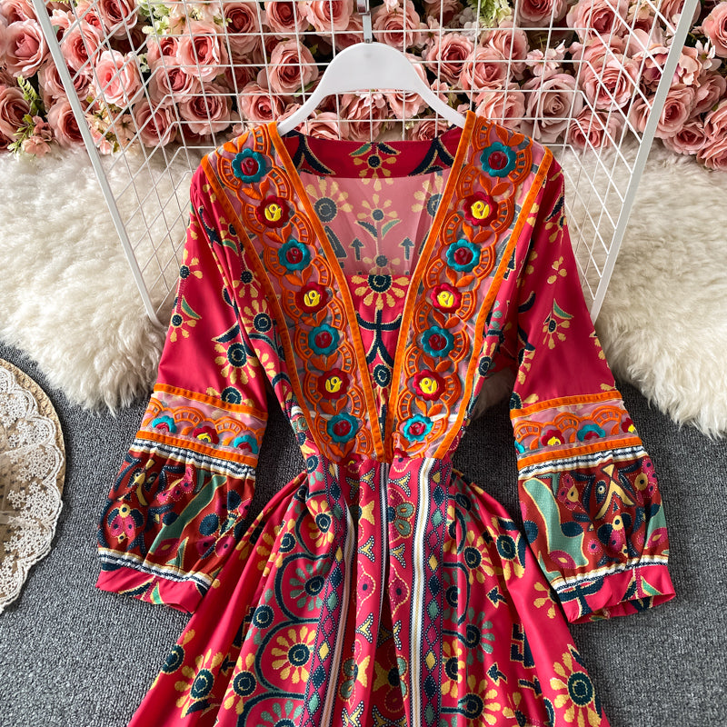 Heavy industry embroidery V-neck Decor dress  3187