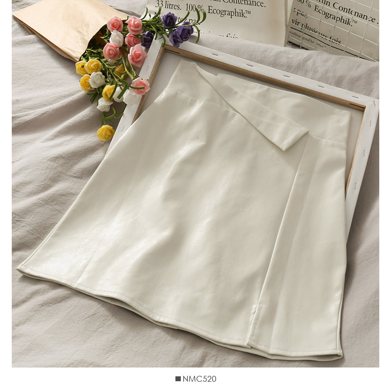 Retro and versatile irregular solid color high waist thin leather skirt  2660