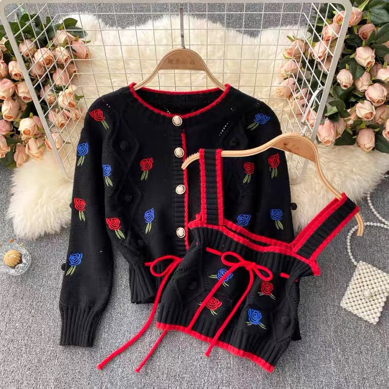 Strick-Cardigan, Vintage, gestickte Blume, lockerer Langarm-Pullover, kurzer Absatz, Spaghettiträger-Oberteil, süße Zweier-Sets 1339