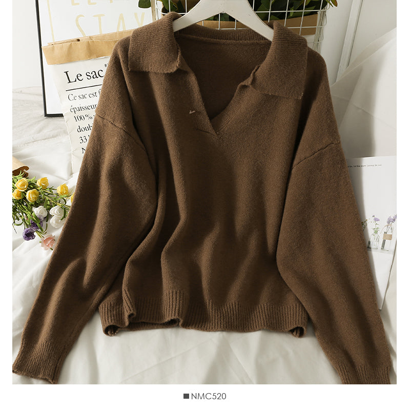 Neuer Vintage Revers lockerer dünner Pullover Pullover für Frauen 1805