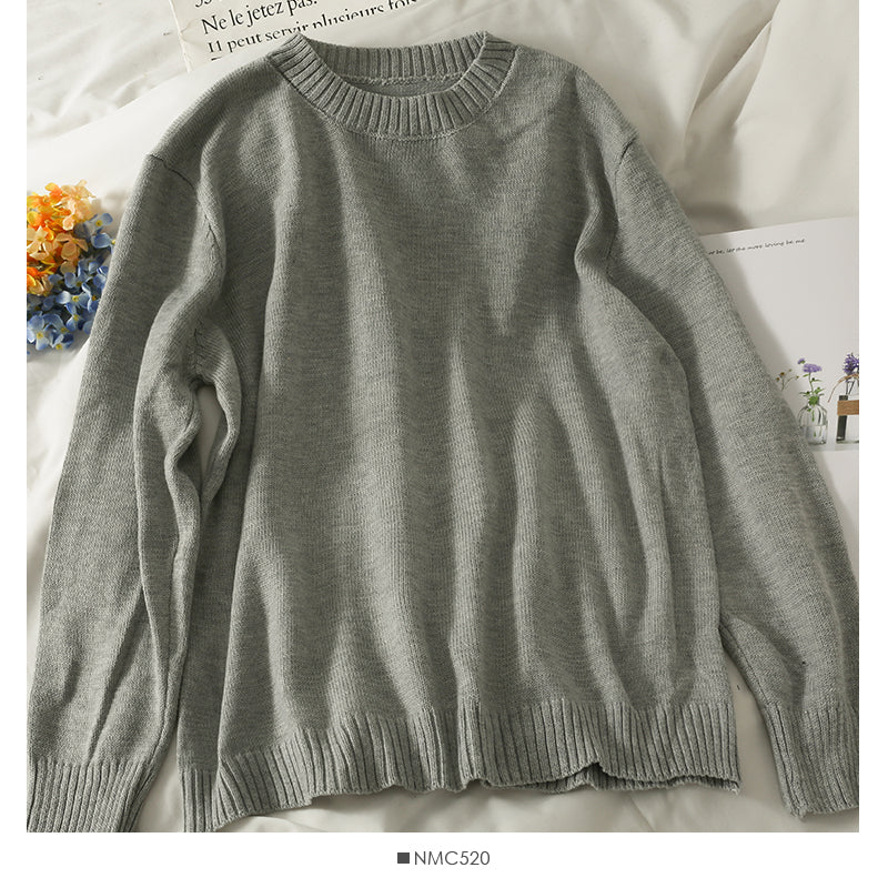 Lockerer und dünner einfarbiger Pullover mit Rundhalsausschnitt für Damen 1818
