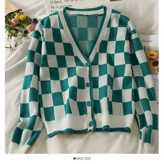 Farbblockierung Kariertes, einreihiges, langärmliges Oberteil mit niedrigem Kragen, dünne Strickjacke, langärmliger Pullover für Damen, 1986