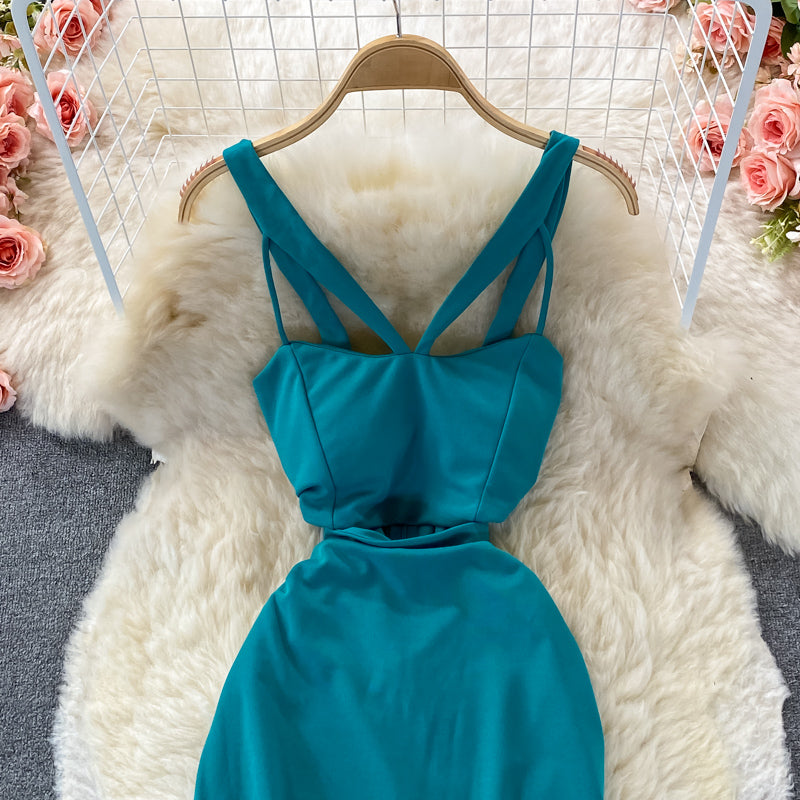 Hanging neck, open shoulder, cross tight, hollow out, waist and hip dress  2825
