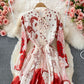 Temperament loose bow tie lace print dress  3351