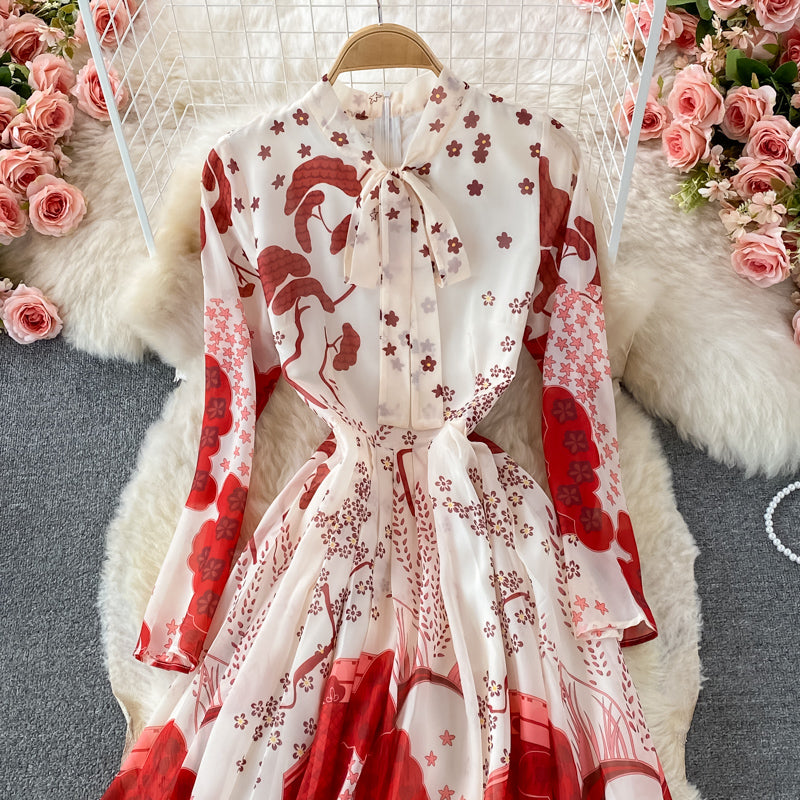 Temperament loose bow tie lace print dress  3351