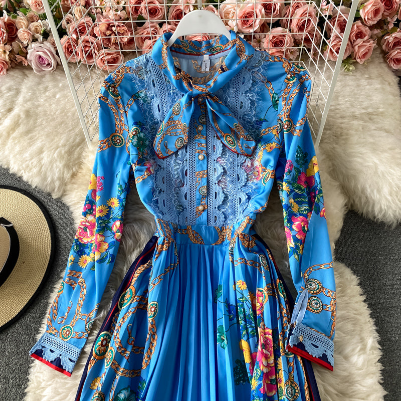 Celebrity temperament foreign style bow print Pleated Dress  3167