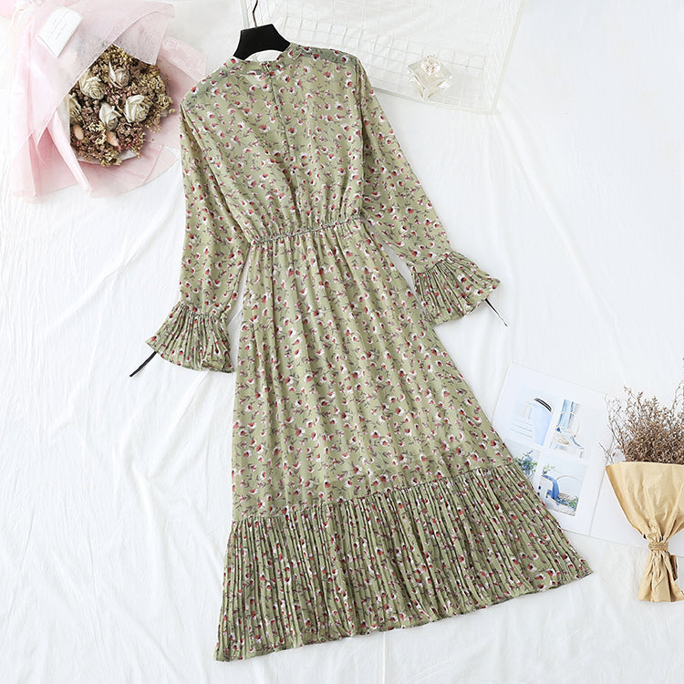 New French retro pleated flare sleeve bottomed long skirt  2359