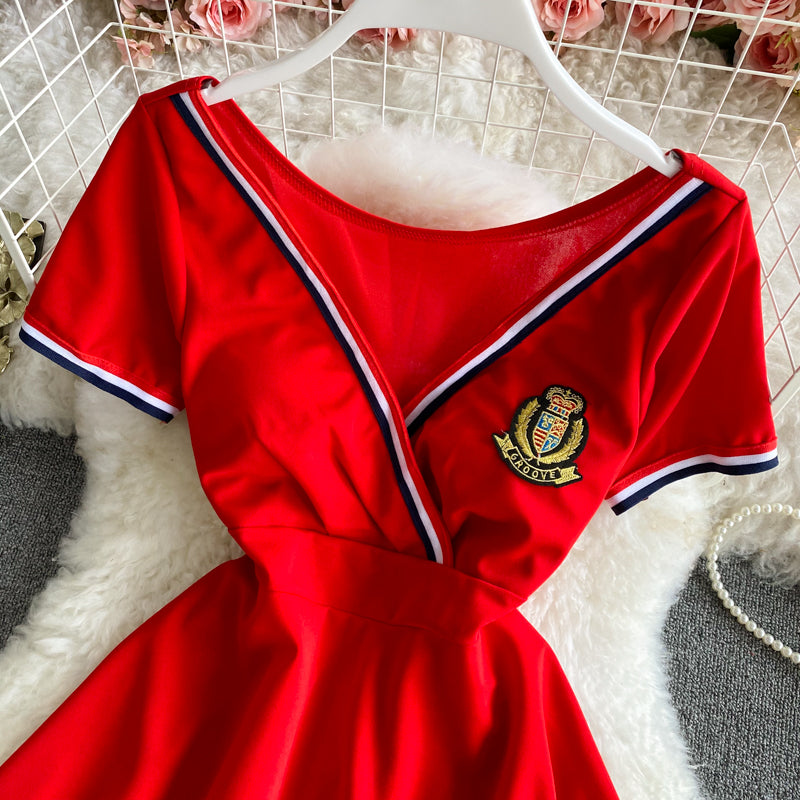 Navy V-neck open chest sexy short sleeve dress  2840