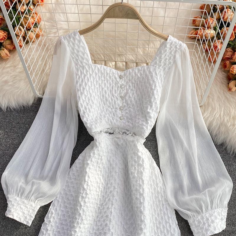 Long sleeve temperament waist closing lady square neck Jacquard Dress  3076