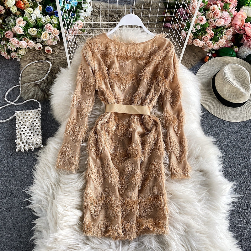 Round neck fluffy long sleeve Hip Wrap A-line skirt  2880