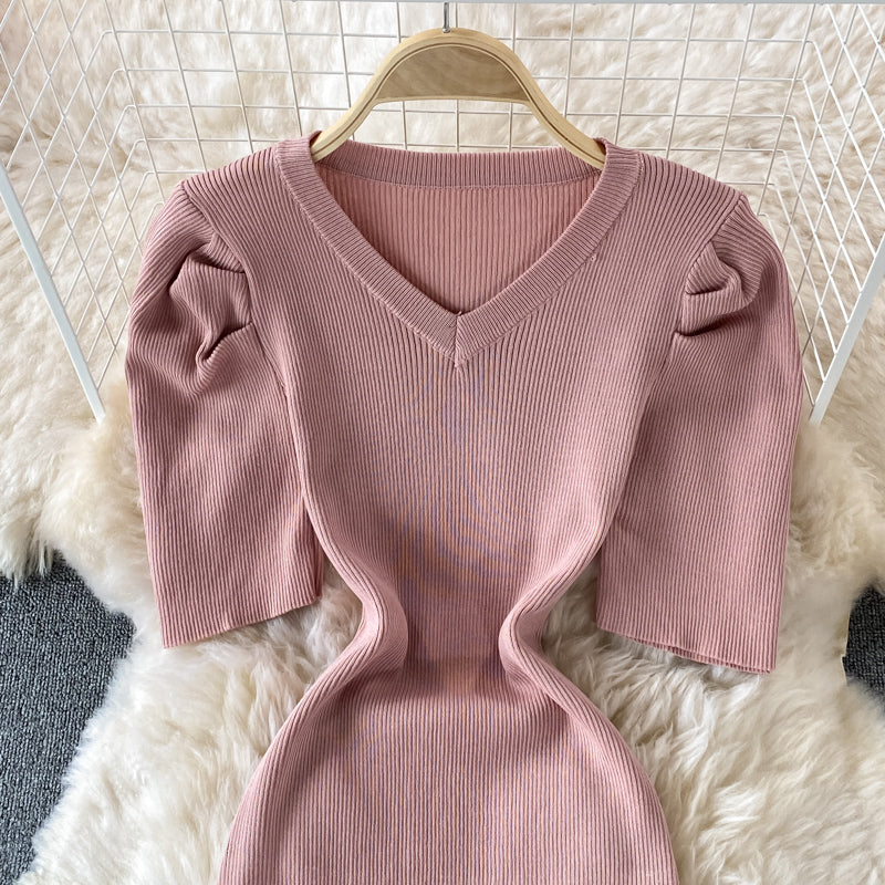 Temperament bubble sleeve slim V-neck wrap hip dress  2895