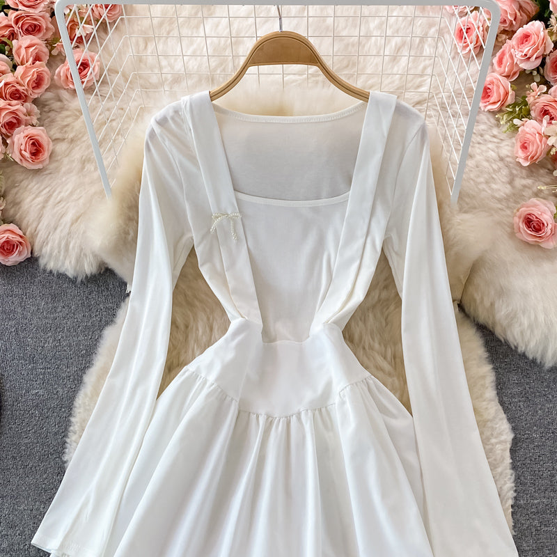 Pleated long sleeve dress women's slim A-line skirt  3259