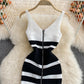 Sleeveless zipper V-neck contrast medium length knitted vest skirt  2992