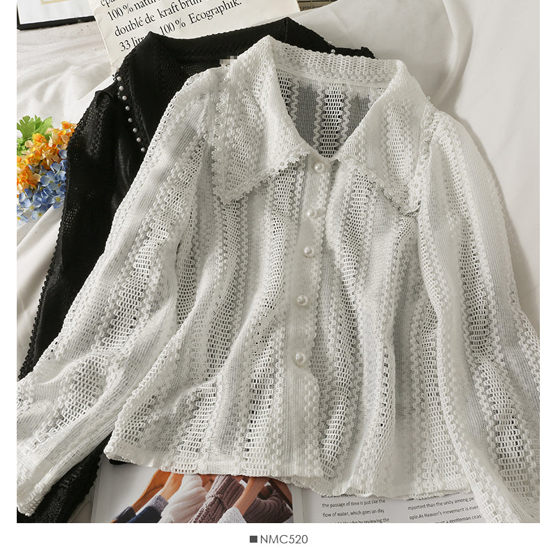 Micro transparent single breasted cardigan long sleeve top women's new style  2106
