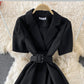 Slim waist, solid color short sleeve suit dress  3197