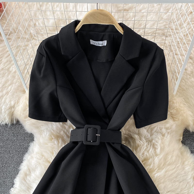Slim waist, solid color short sleeve suit dress  3197