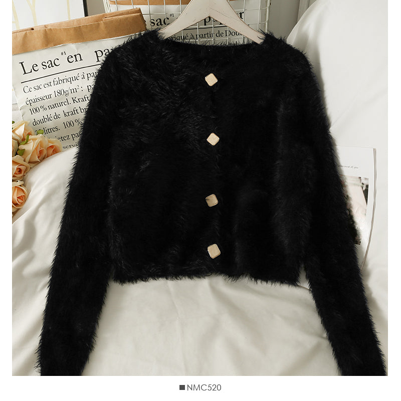 Sweater crew neck single breasted long sleeved top Plush crew neck sweater  1965