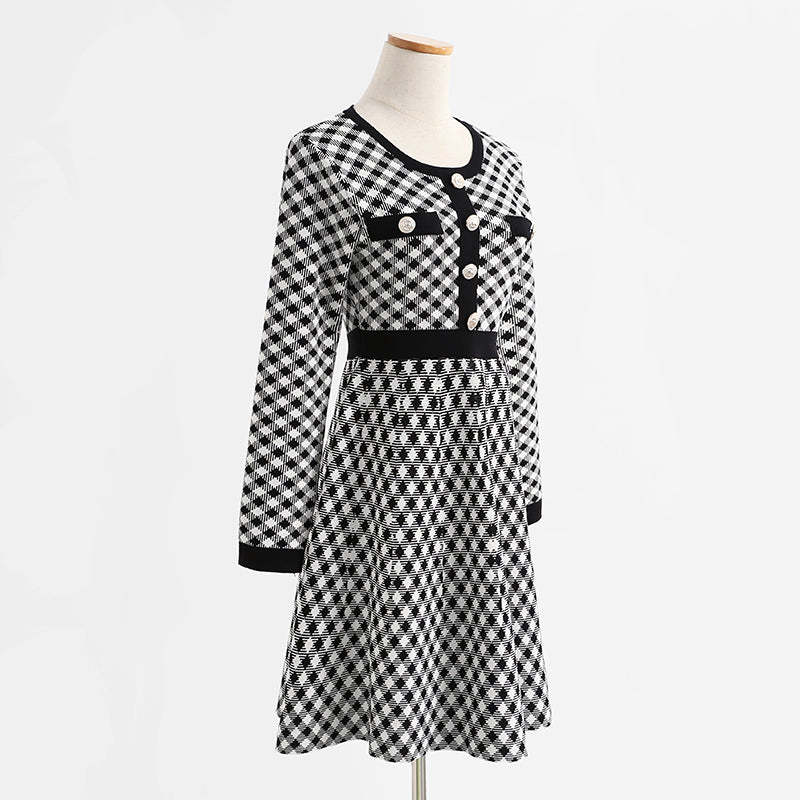 Small fragrance dress long sleeve slim thousand bird check skirt  2425