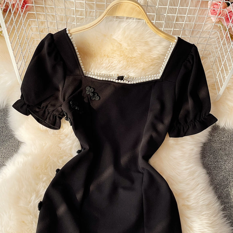 Retro disc buckle temperament bubble sleeve square neck dre  2808