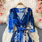 Split one piece wrap dress V-neck print dress  3227