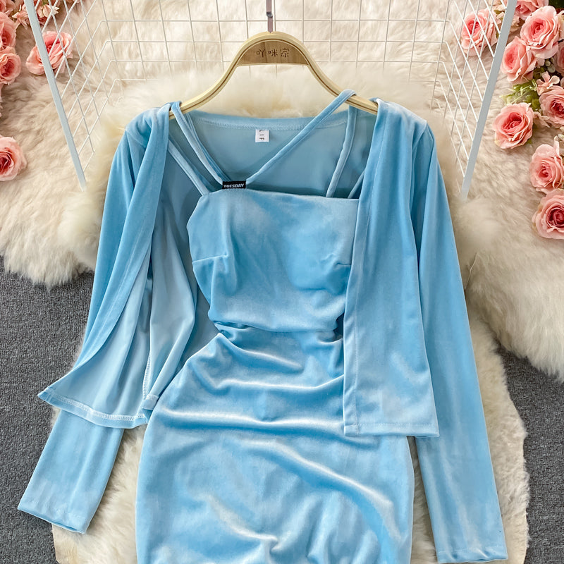 Velvet suspender Hip Wrap Dress  3261