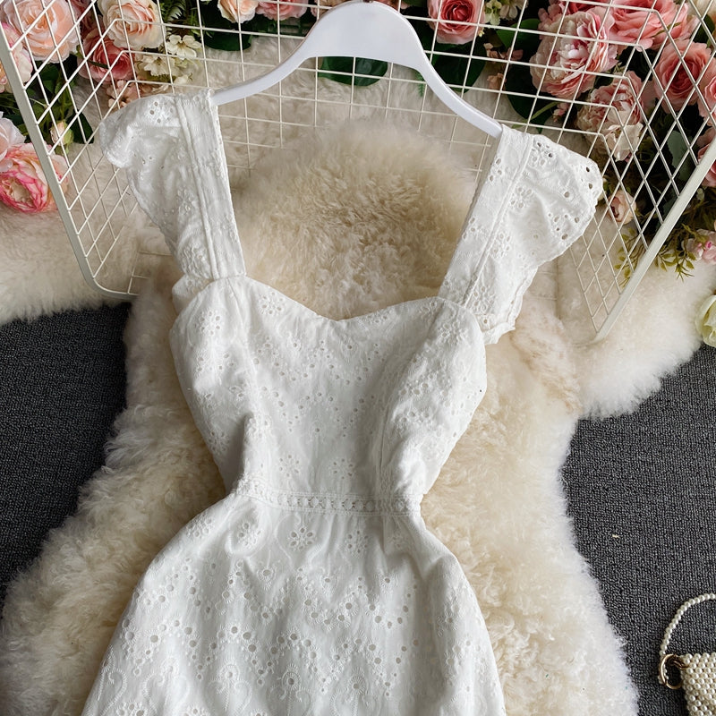 Lace hollow bubble sleeve temperament flounce suspender dress  2765