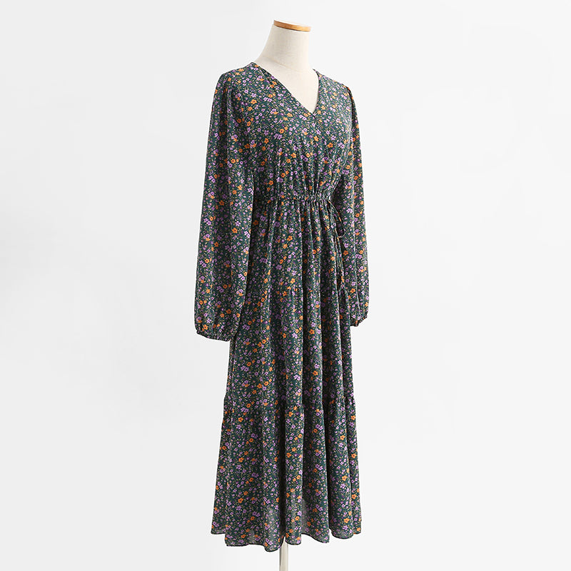 Green small broken Flower Chiffon V-neck bubble sleeve long skirt for women  2274