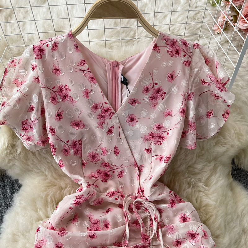 Ruffled V-neck fishtail buttock Chiffon Floral Dress  3067