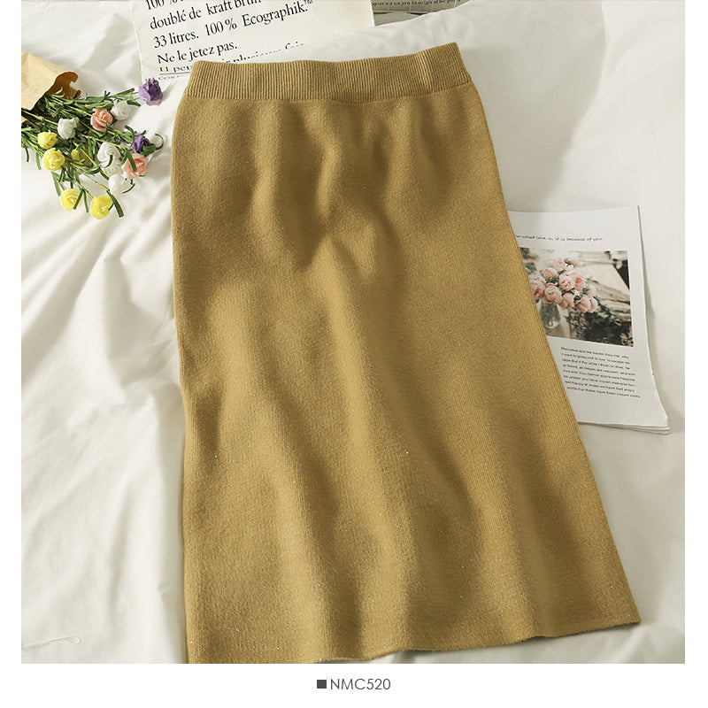 The New Retro elastic waist is thin, medium and long knitted Hip Wrap Skirt  2631