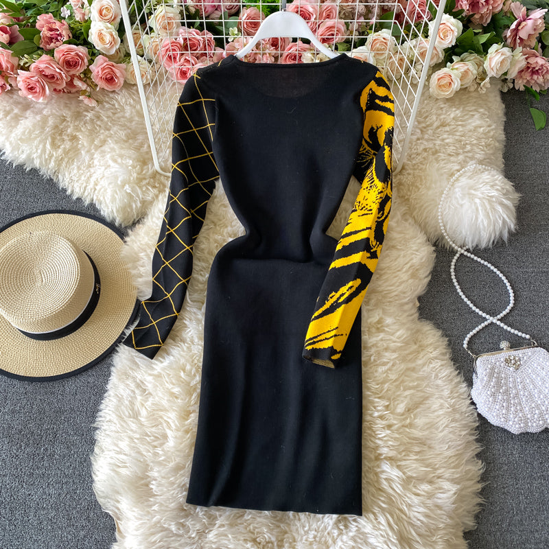 Round neck slim fit tiger pattern buttock knit dress  2929