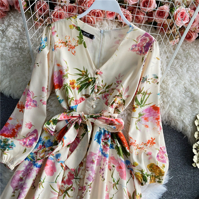 French first love skirt fairy skirt sweet printed bubble sleeve  3166