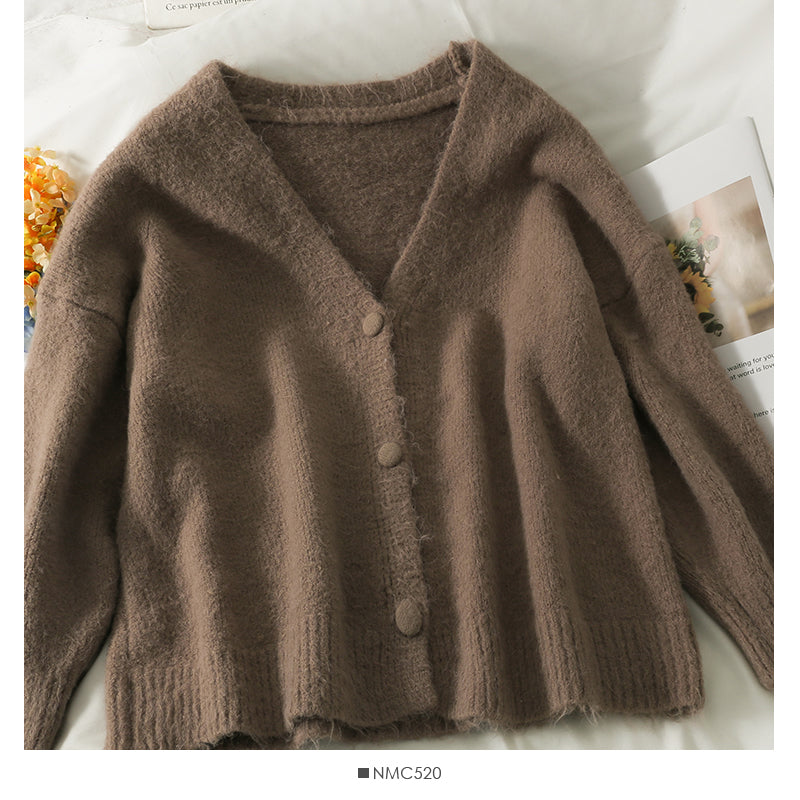 Sweater women's low neck single breasted cardigan long sleeved top solid color versatile  2044