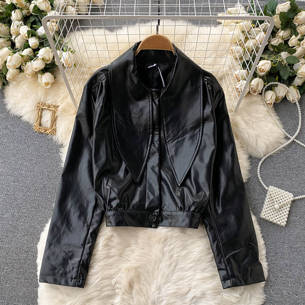Women's Scarf Collar long sleeve single car leather coat  1510