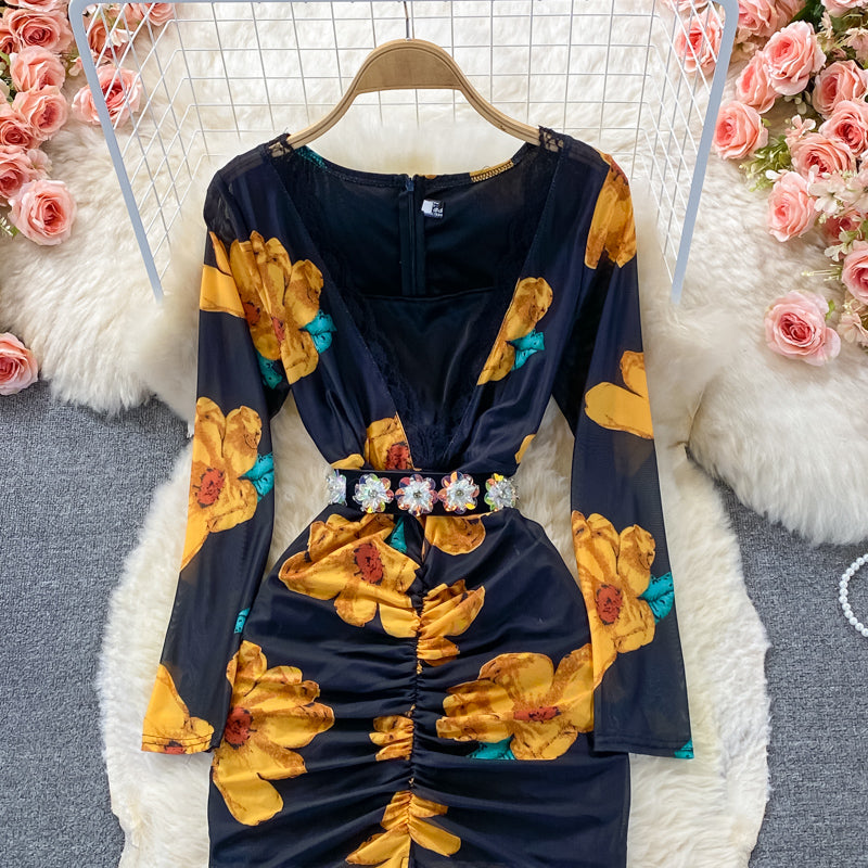Sexy V-neck printed elastic slim wrap hip dress  3248