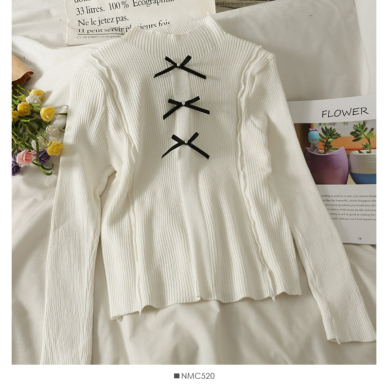 Korean bow decorative nail bead half high neck sweater for women  2053