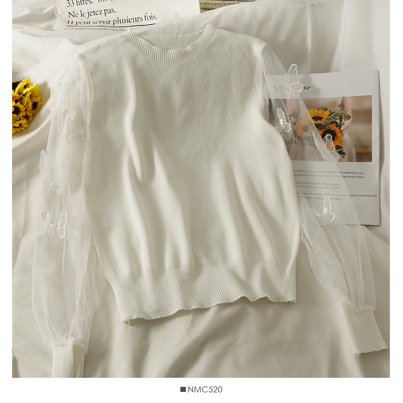 Mesh stitched three-dimensional butterfly long sleeve Pullover Sweater for women  2049