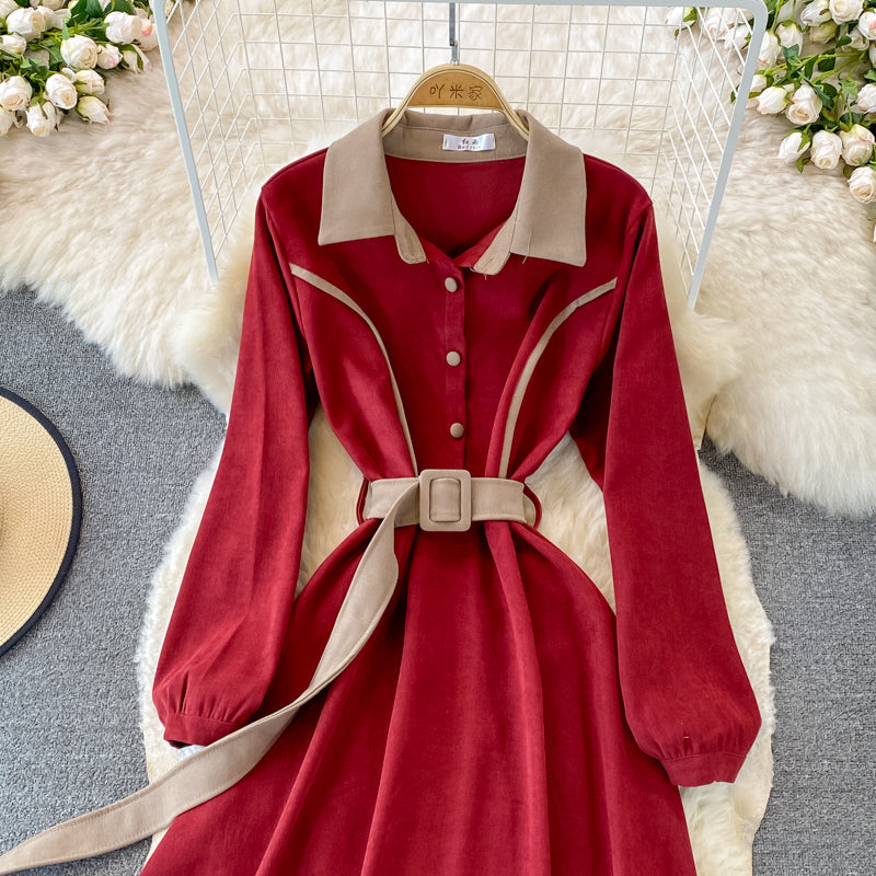 Lapel waistband shows thin temperament corduroy dress  3389